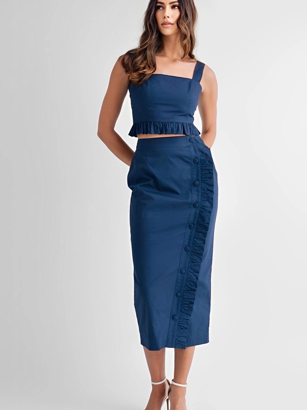 Marina Navy Ruffle Crop Top & Midi Skirt 2 Piece Set